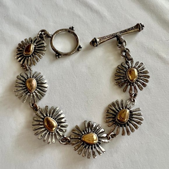 Lucky Brand Two Silver Gold Tone Starburst Link Toggle Bracelet - Picture 1 of 9